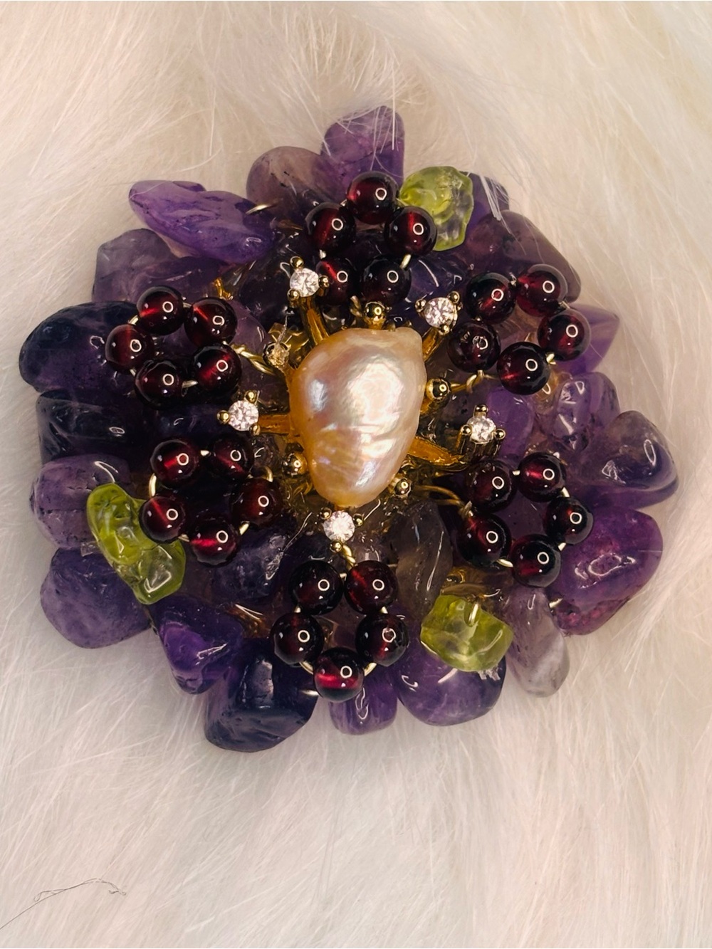 Handcrafted Amethyst Gemstone & Baroque Pearl Floral Brooch